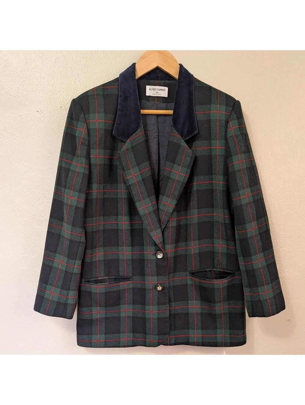 Vintage 80s 90s Alfred Dunner Green Navy Plaid Blazer Velvet Collar Wool Size 10